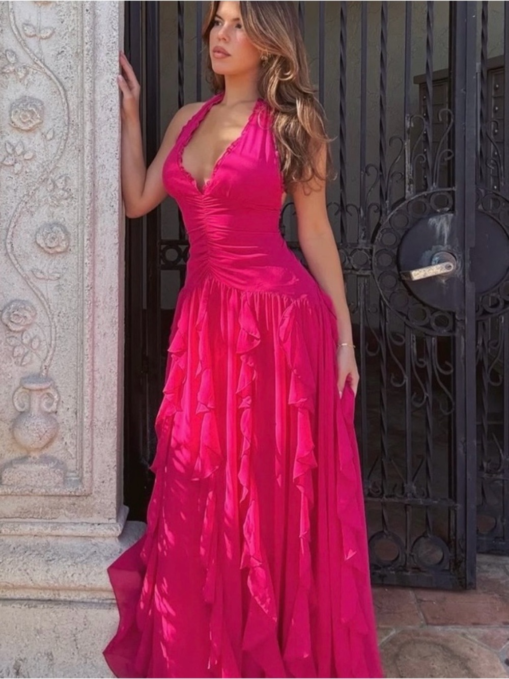 ISO - Club L London Fuchsia Halter Ruffle Maxi Dress (Bea Dress)